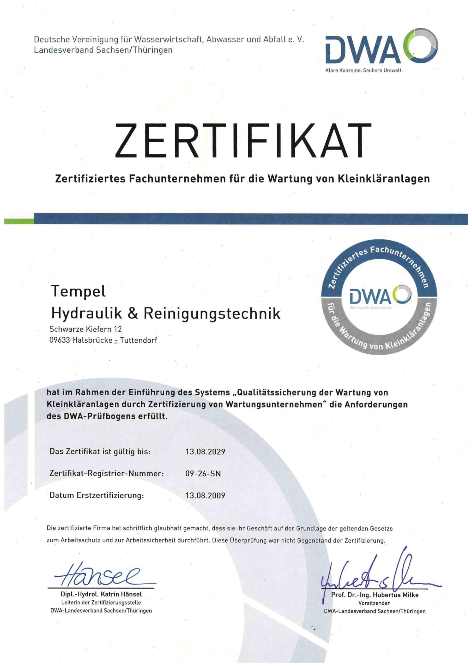 Zertifiziertes Fachunternehmen für die Wartung von Kleinkläranlagen